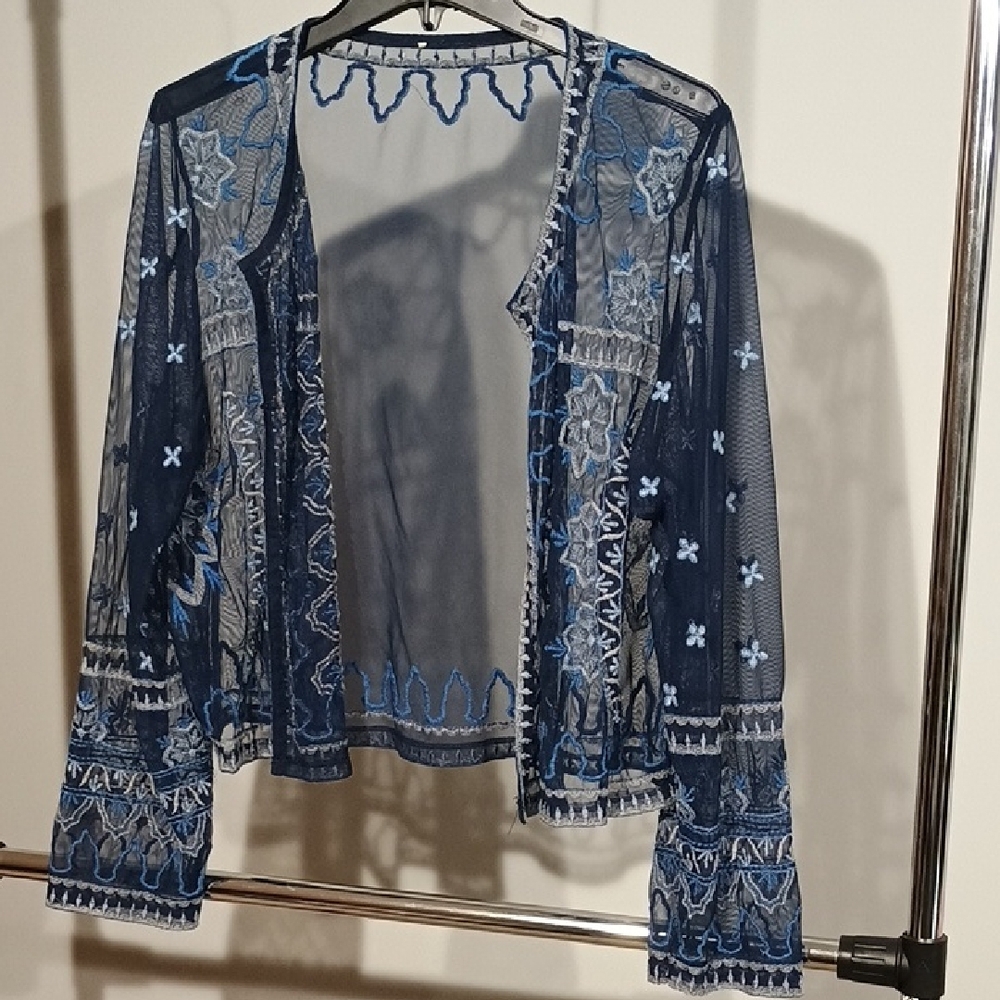 Chicos Sheer Navy Blue Embroidered Cardigan